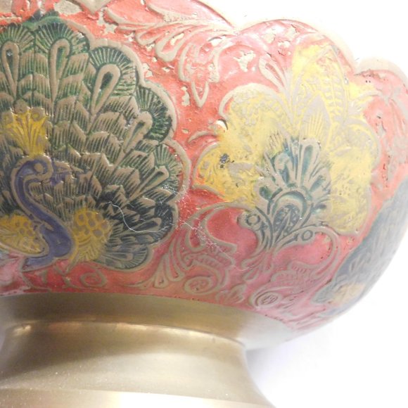 Vintage Peacock Floral Brass Enameled Bowl - Picture 6 of 7